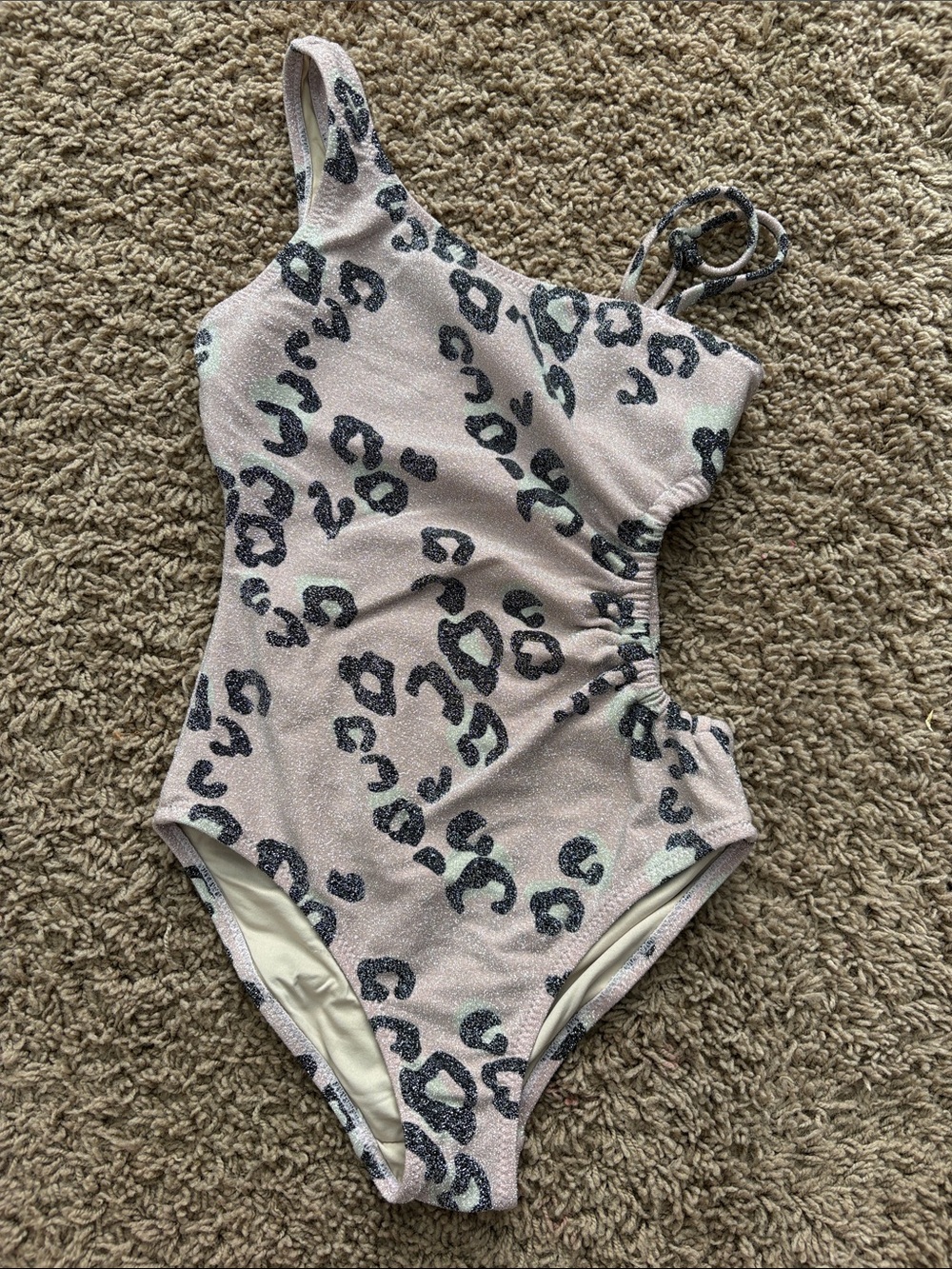 Girls One-Shoulder Pink Leopard Print One-Piece Swimsuit with Side Cutout